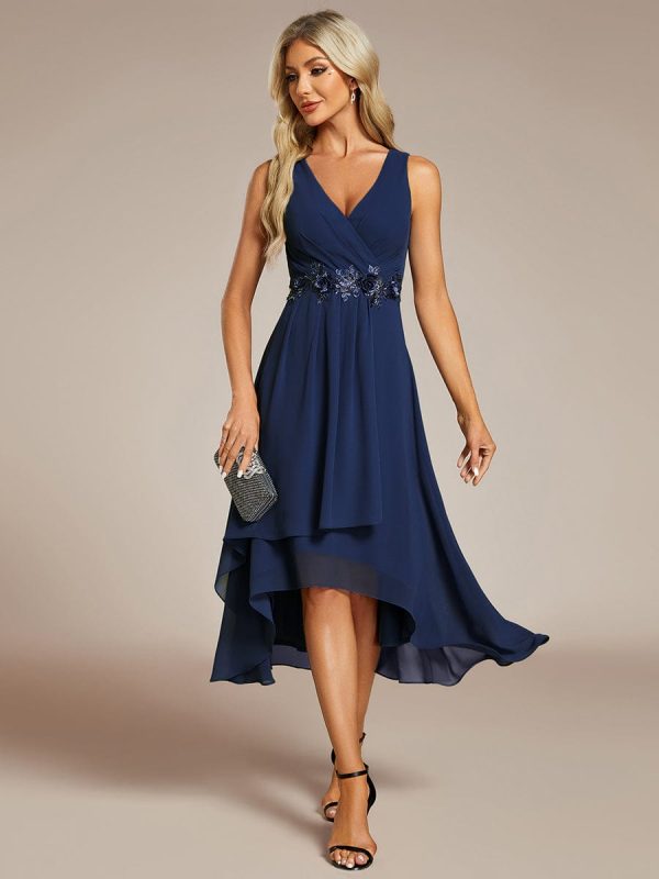Chic V-Neck Chiffon Appliques Tea-Length Sleeveless Wedding Guest Dress - Image 20