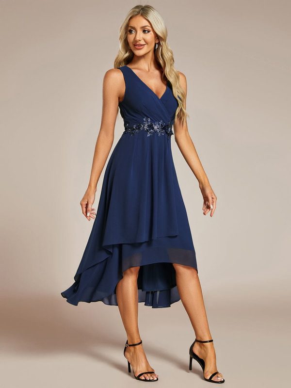 Chic V-Neck Chiffon Appliques Tea-Length Sleeveless Wedding Guest Dress - Image 23