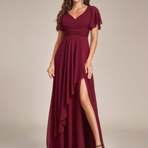 Chiffon Bridesmaid Dresses with Side Split V-Neck Ruching