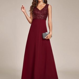 Chiffon & Sequin V-Neck Elegant Evening Gowns