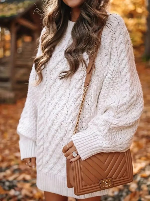 Cozy Cable Knit Long Sleeve Crew Neck Sweater Mini Dress - Image 21