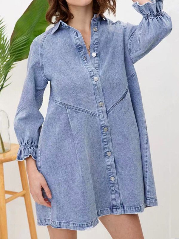 Stylish Retr Denim Lantern Sleeve Mini Dress - Image 5