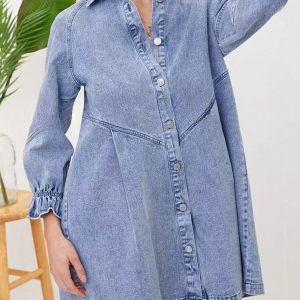 Stylish Retr Denim Lantern Sleeve Mini Dress