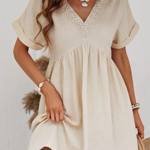 Casual Holiday Lace Stitching Waist V Neck Mini Dress
