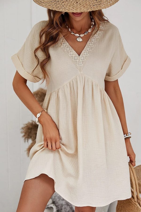 Casual Holiday Lace Stitching Waist V Neck Mini Dress
