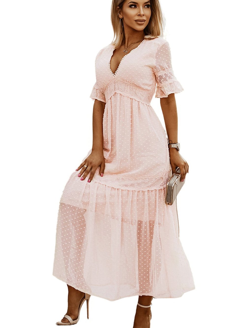 Solid Color V Neck Tie Half Sleeve Casual Dress - Image 24