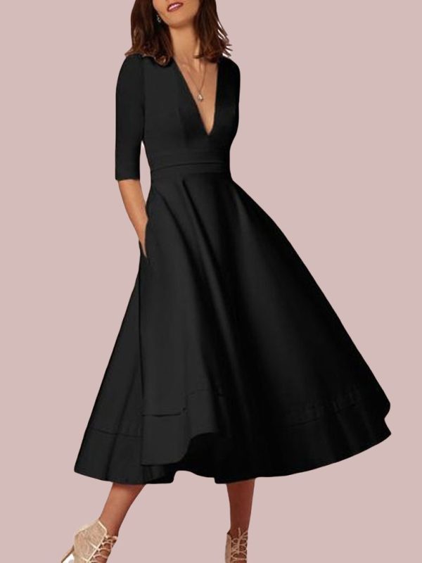 Deep V Neck Mid-sleeve Midi Dress - Image 7