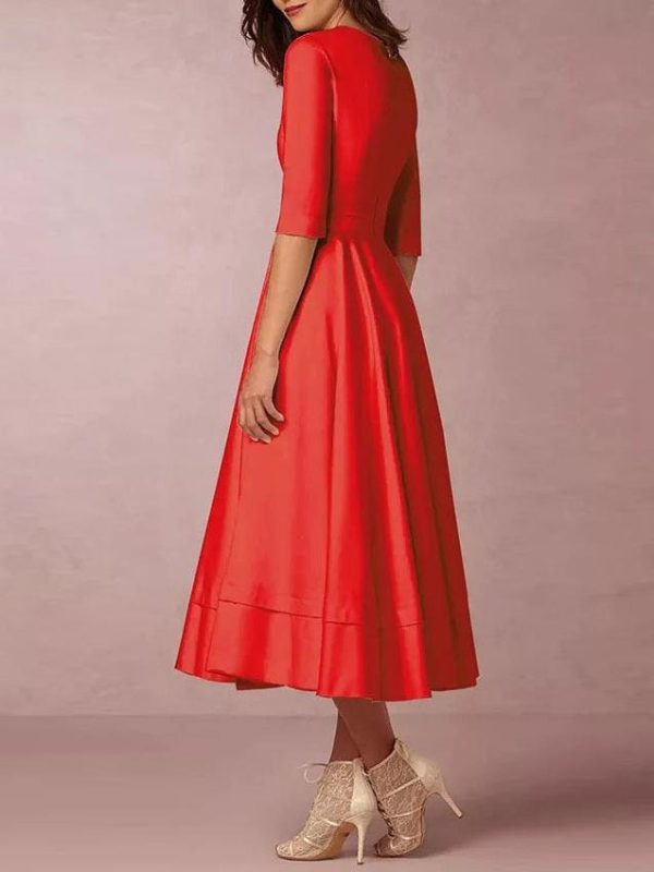 Deep V Neck Mid-sleeve Midi Dress - Image 5