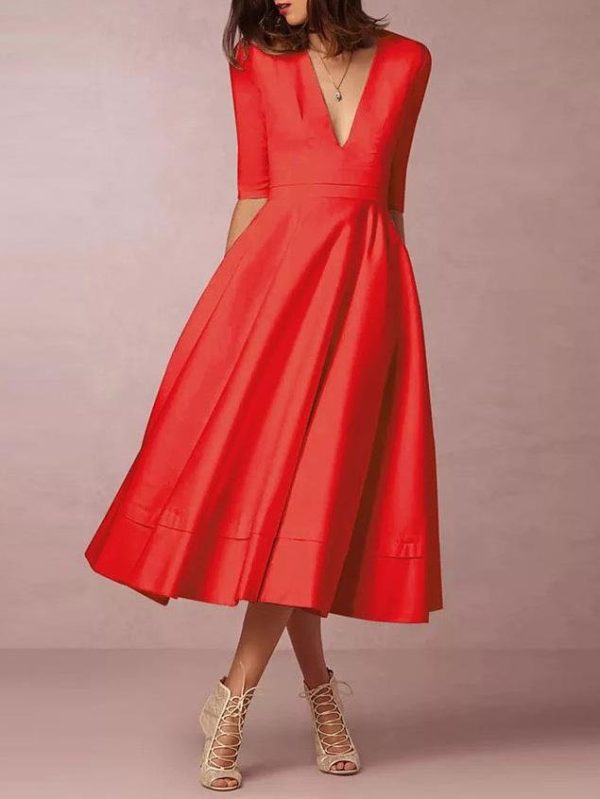 Deep V Neck Mid-sleeve Midi Dress - Image 4