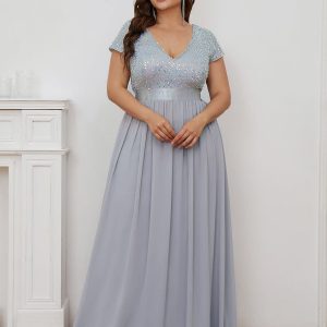 Deep V Neck Plus Size Evening Dress with Short Sleeves