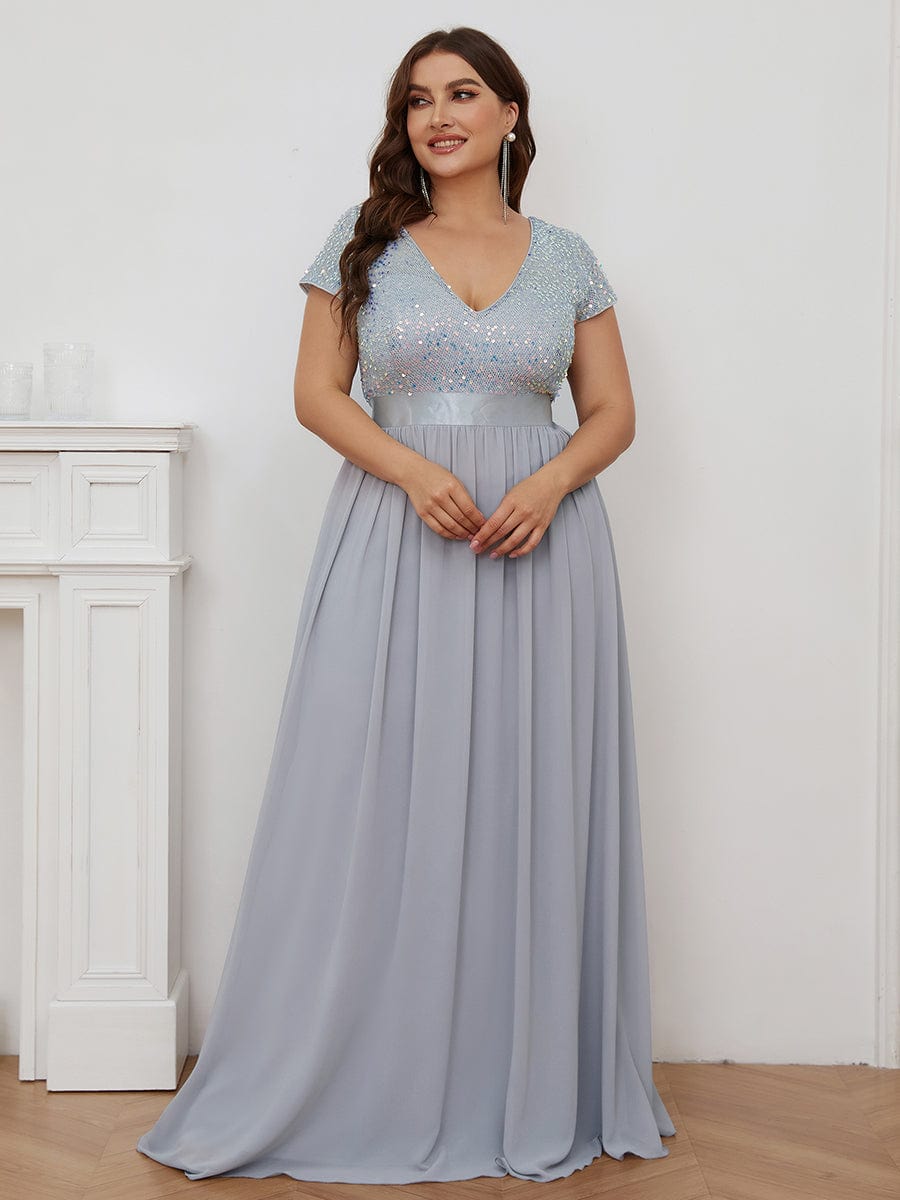 Deep V Neck Plus Size Evening Dress with Short Sleeves