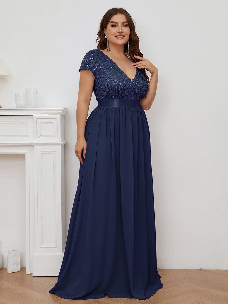 Deep V Neck Plus Size Evening Dress with Short Sleeves - Image 10