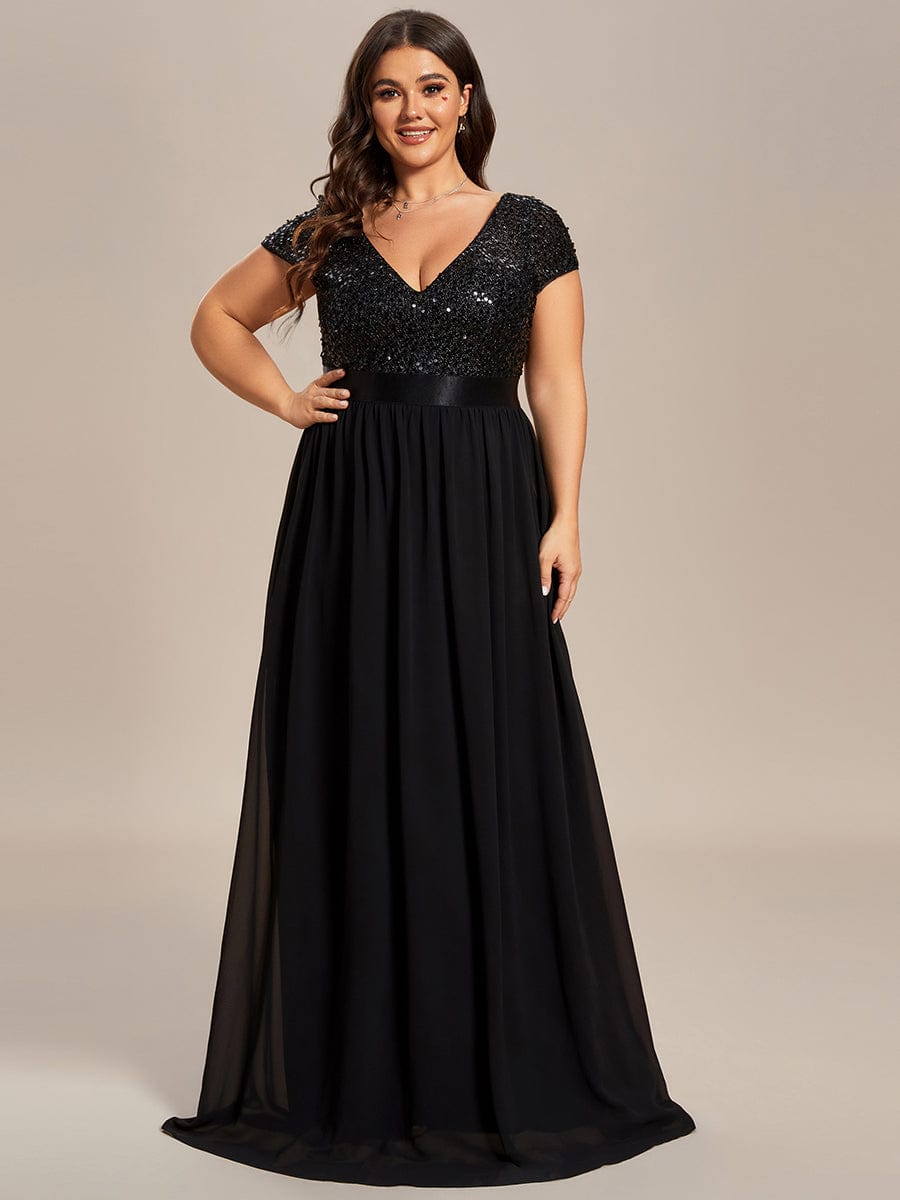 Deep V Neck Plus Size Evening Dress with Short Sleeves - Image 25