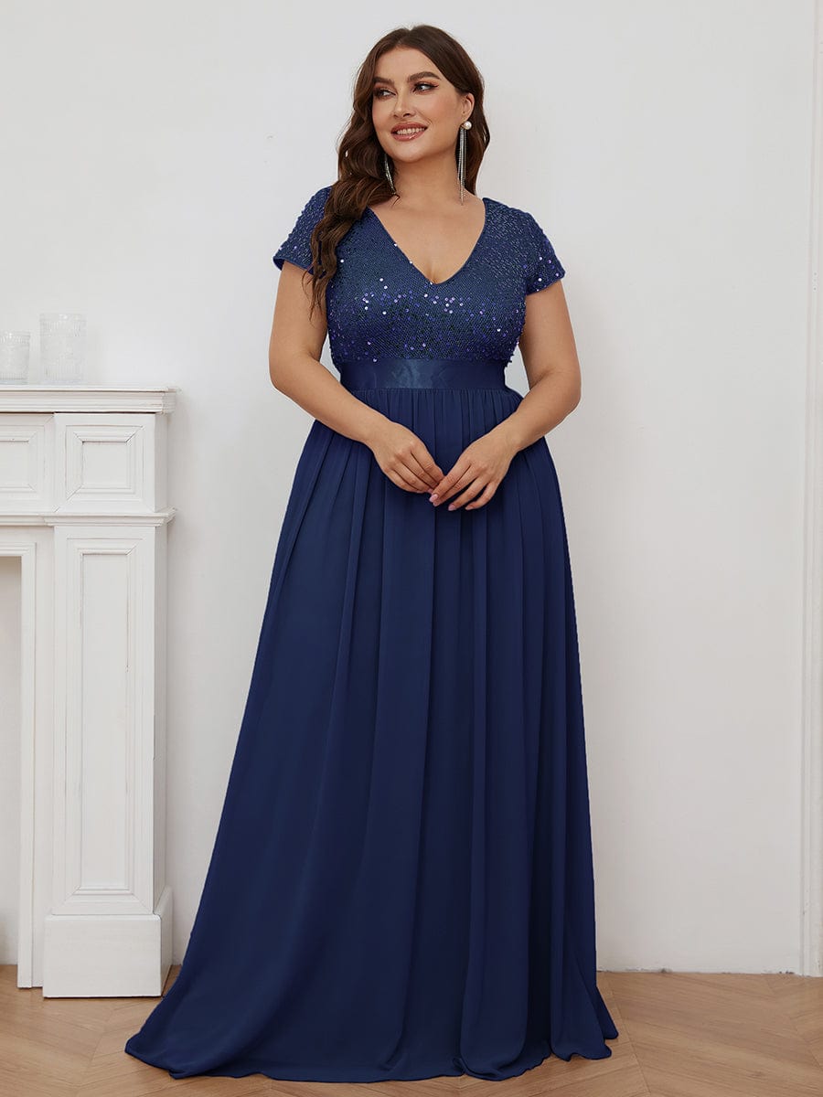 Deep V Neck Plus Size Evening Dress with Short Sleeves - Image 6