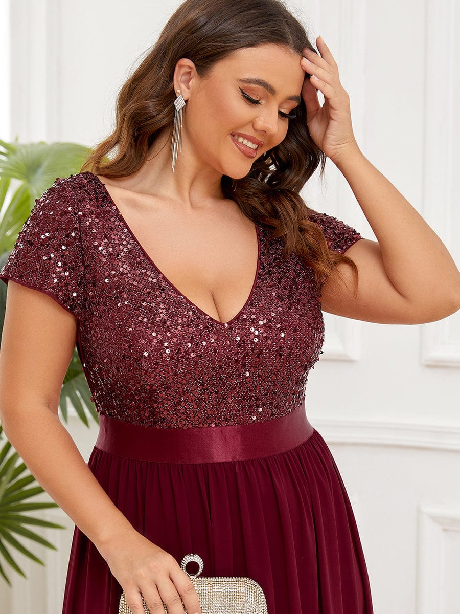 Deep V Neck Plus Size Evening Dress with Short Sleeves - Image 16
