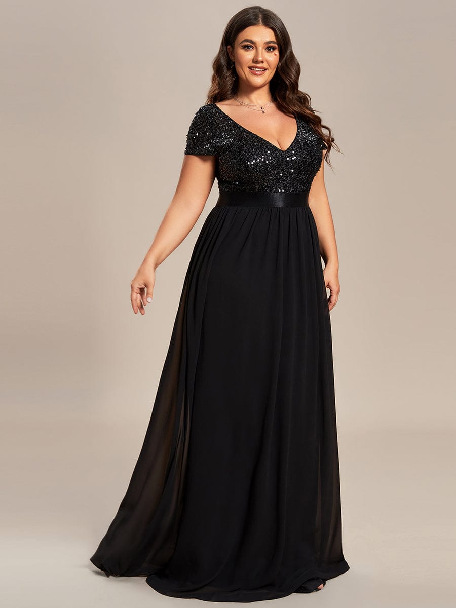 Deep V Neck Plus Size Evening Dress with Short Sleeves - Image 24