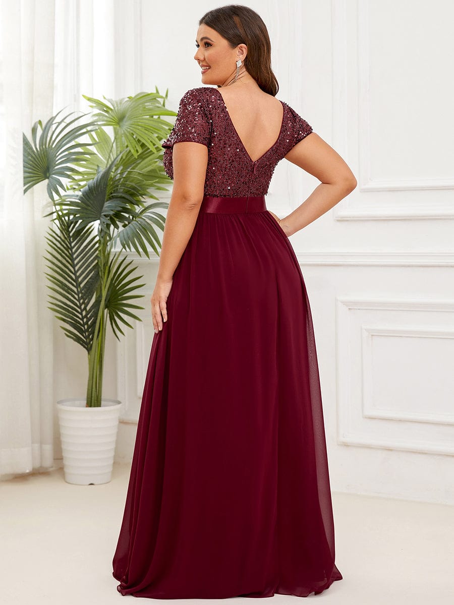 Deep V Neck Plus Size Evening Dress with Short Sleeves - Image 13