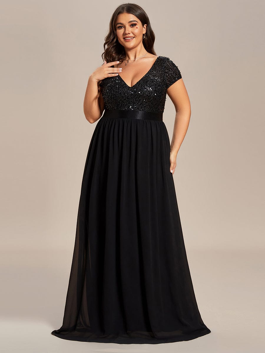 Deep V Neck Plus Size Evening Dress with Short Sleeves - Image 21