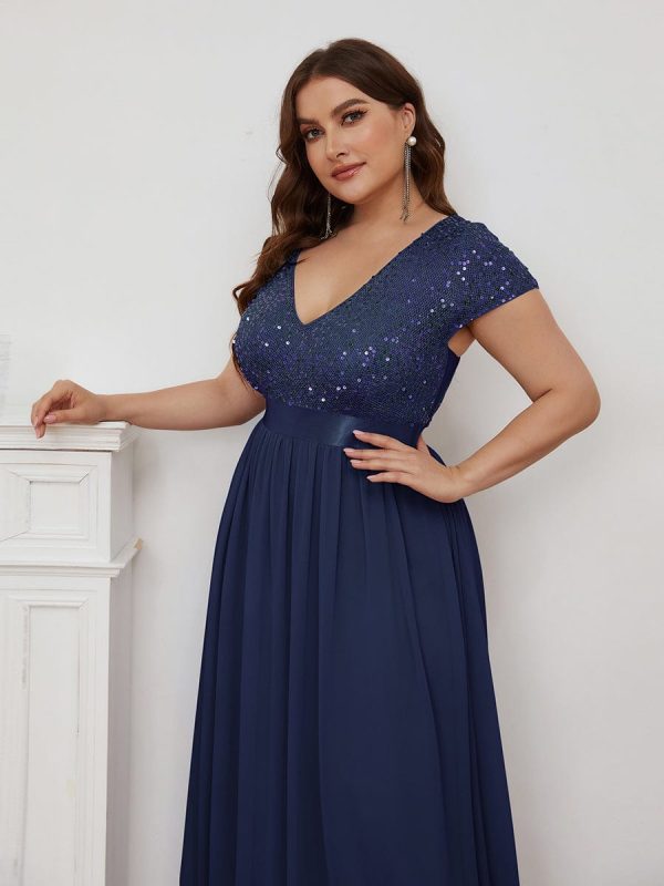 Deep V Neck Plus Size Evening Dress with Short Sleeves - Image 11