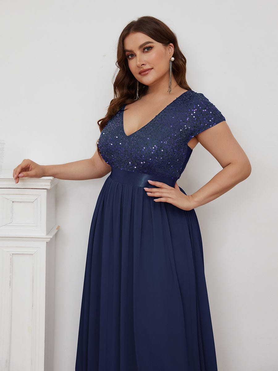 Deep V Neck Plus Size Evening Dress with Short Sleeves - Image 11