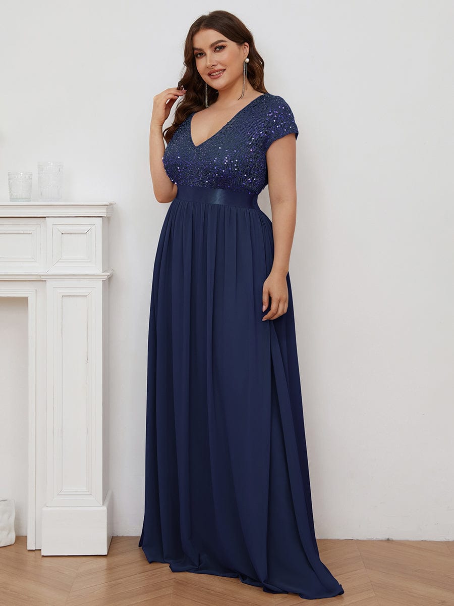 Deep V Neck Plus Size Evening Dress with Short Sleeves - Image 9