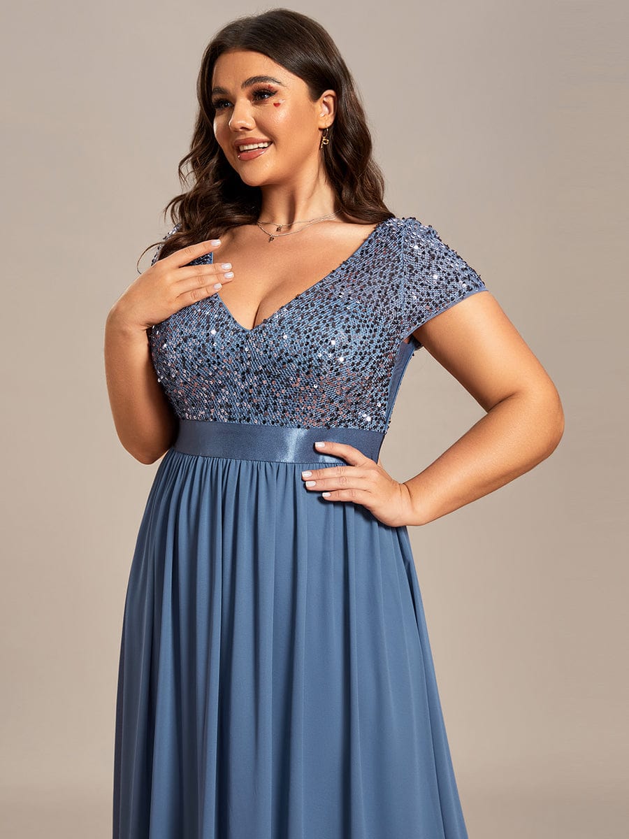 Deep V Neck Plus Size Evening Dress with Short Sleeves - Image 22