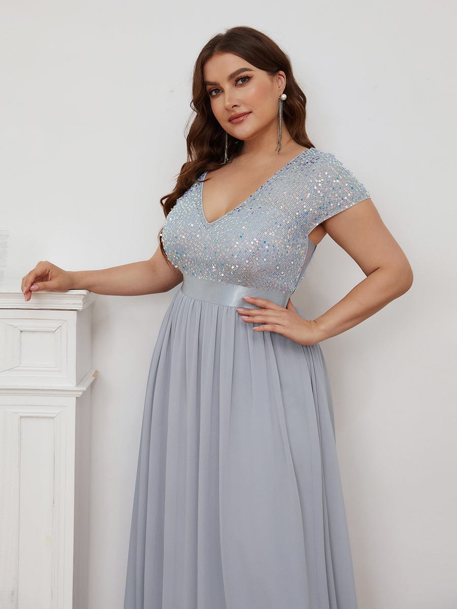 Deep V Neck Plus Size Evening Dress with Short Sleeves - Image 7