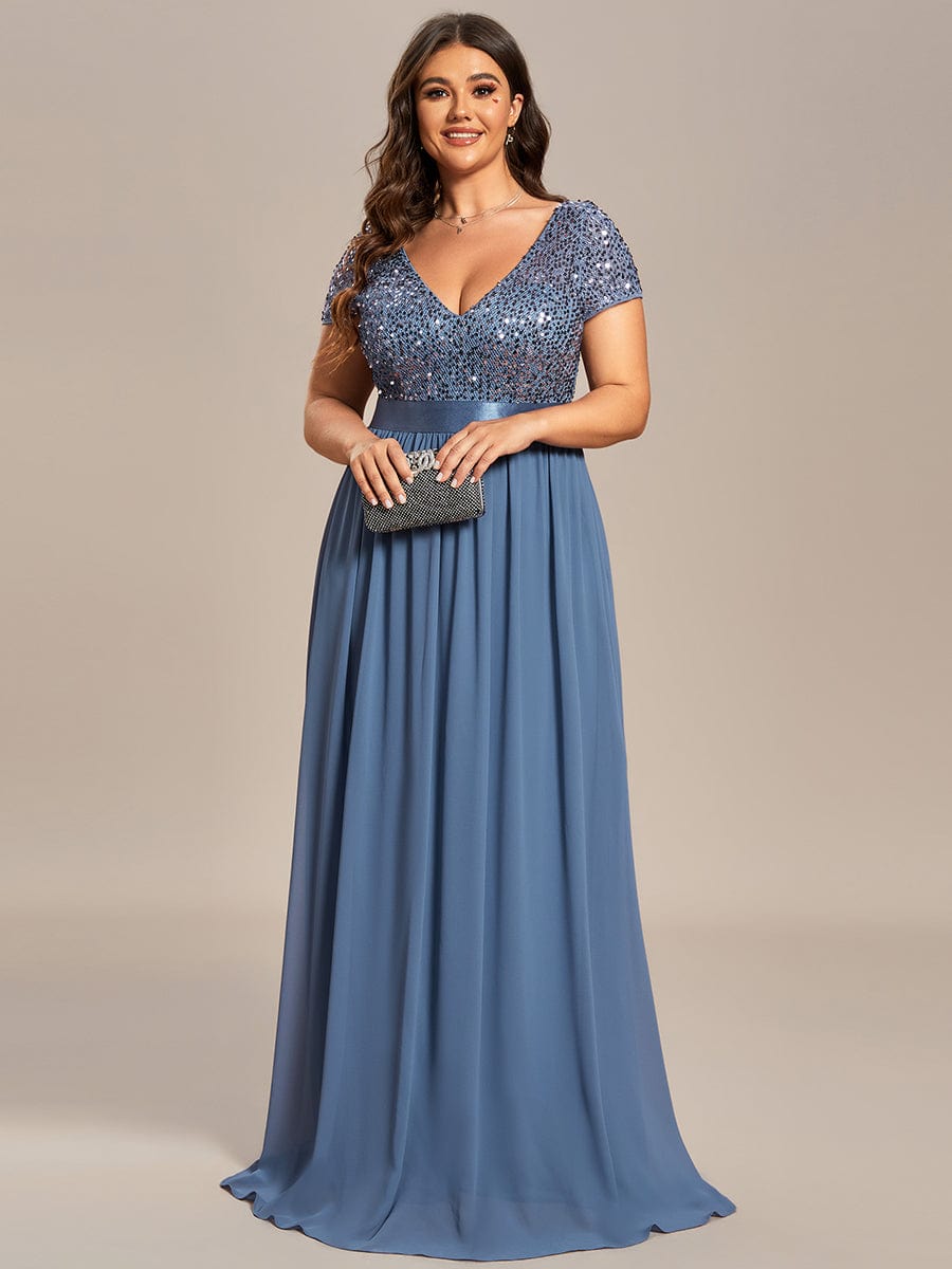 Deep V Neck Plus Size Evening Dress with Short Sleeves - Image 19