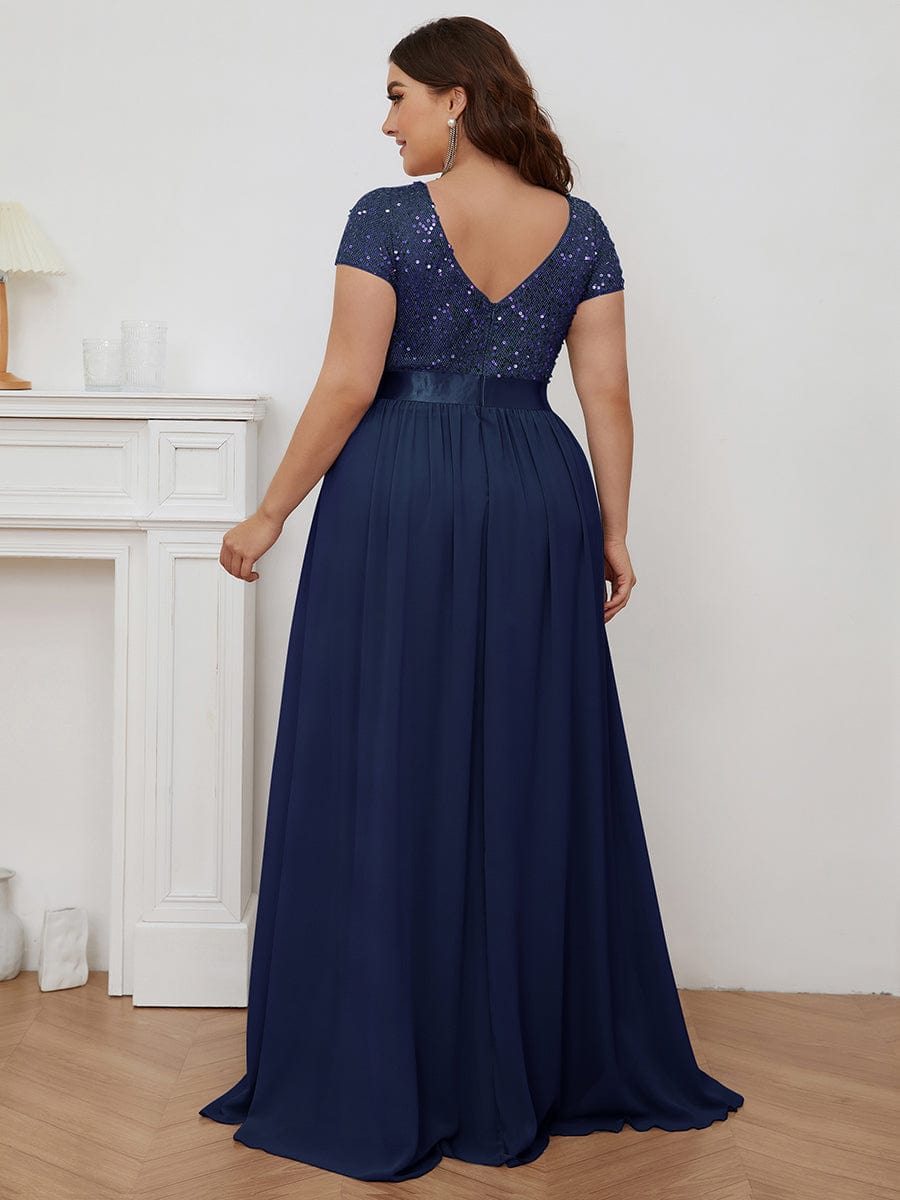 Deep V Neck Plus Size Evening Dress with Short Sleeves - Image 8