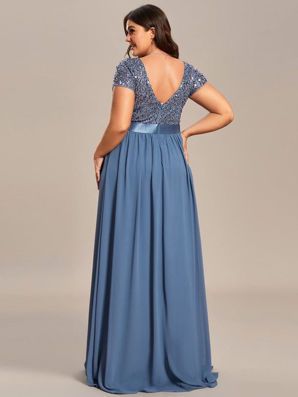 Deep V Neck Plus Size Evening Dress with Short Sleeves - Image 18