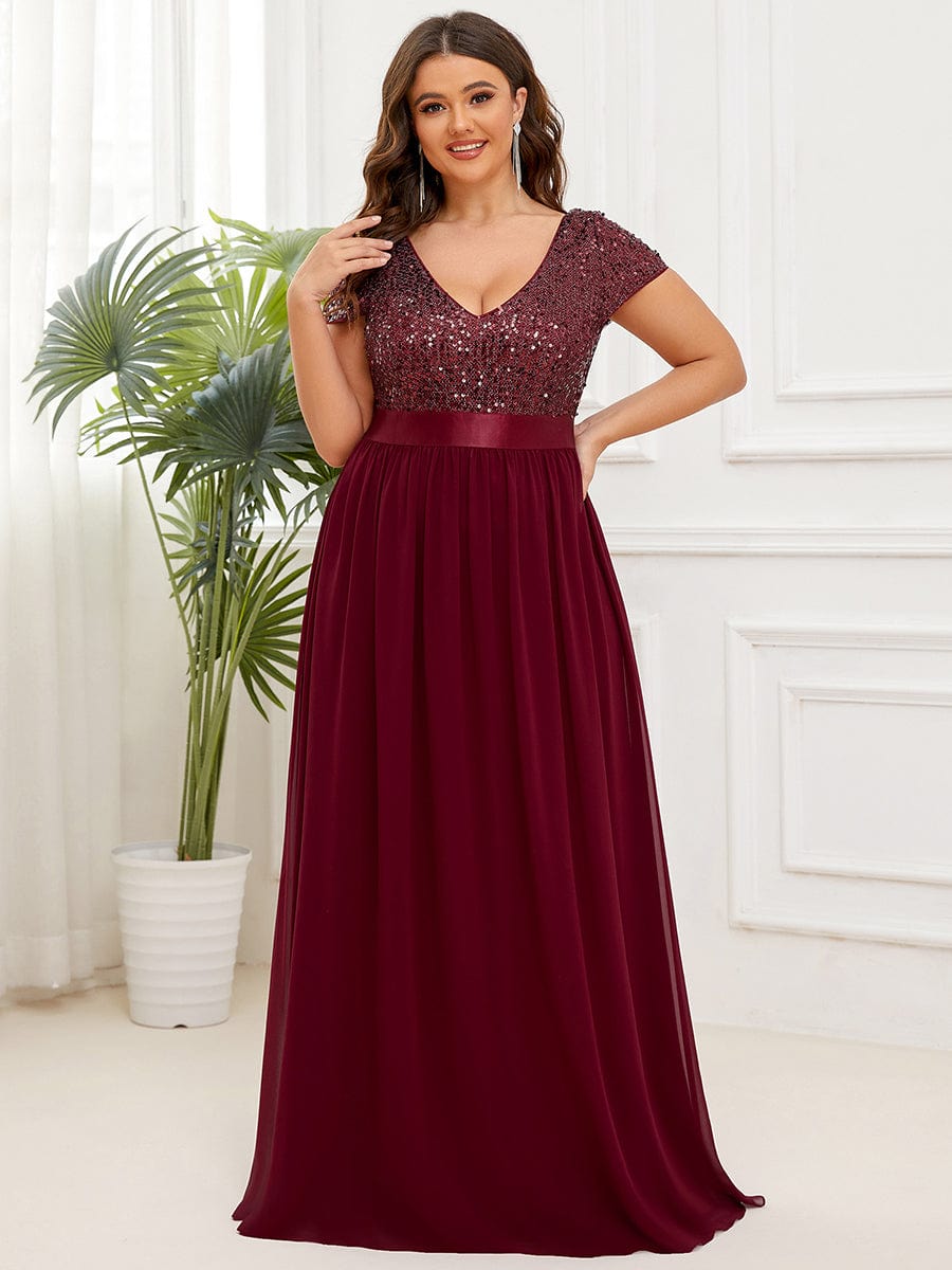 Deep V Neck Plus Size Evening Dress with Short Sleeves - Image 15
