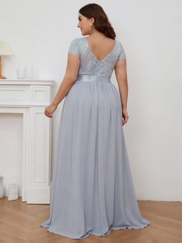 Deep V Neck Plus Size Evening Dress with Short Sleeves - Image 2