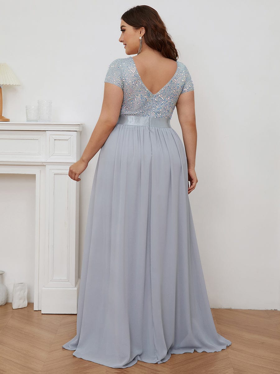 Deep V Neck Plus Size Evening Dress with Short Sleeves - Image 2