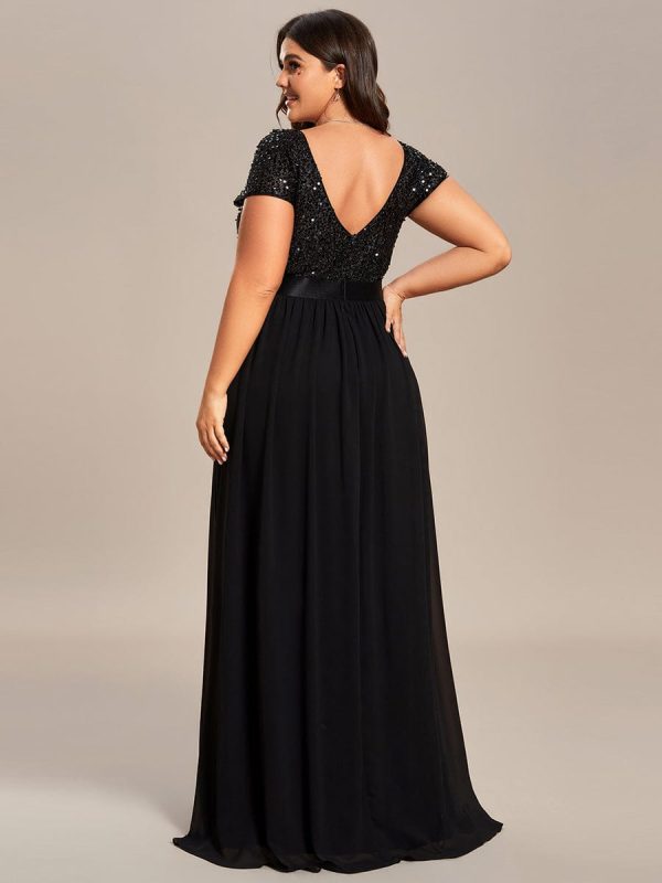 Deep V Neck Plus Size Evening Dress with Short Sleeves - Image 23