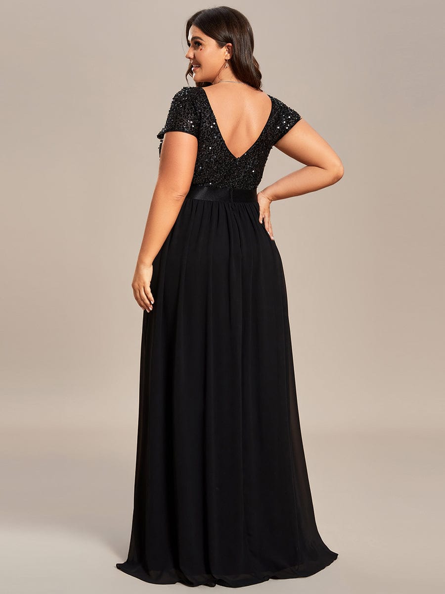 Deep V Neck Plus Size Evening Dress with Short Sleeves - Image 23