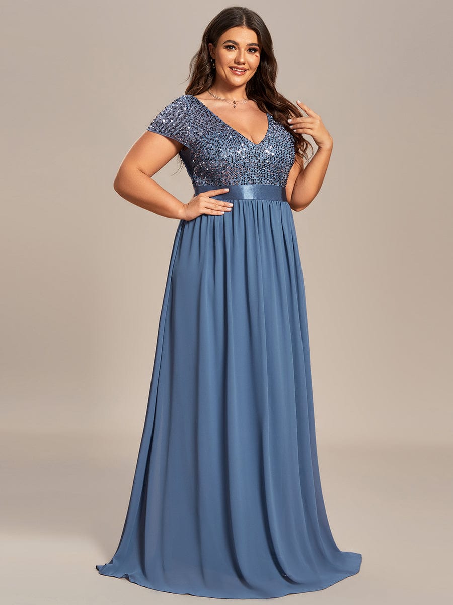 Deep V Neck Plus Size Evening Dress with Short Sleeves - Image 20