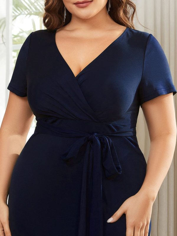 Deep V Neck Short Sleeve Cocktail Dress with Belt for Plus Sizes - Image 10