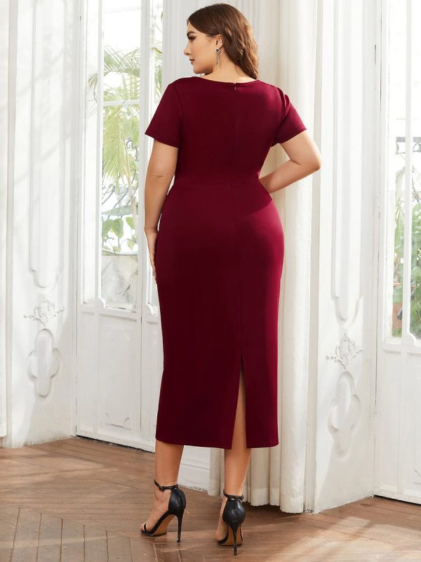 Deep V Neck Short Sleeve Cocktail Dress with Belt for Plus Sizes - Image 2