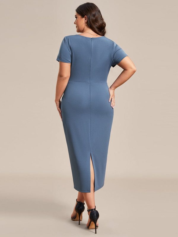 Deep V Neck Short Sleeve Cocktail Dress with Belt for Plus Sizes - Image 28