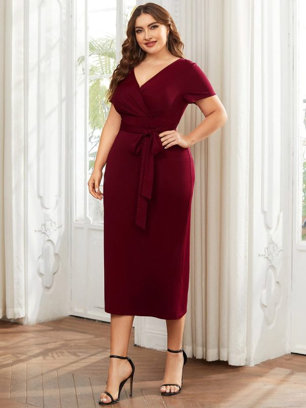 Deep V Neck Short Sleeve Cocktail Dress with Belt for Plus Sizes - Image 3