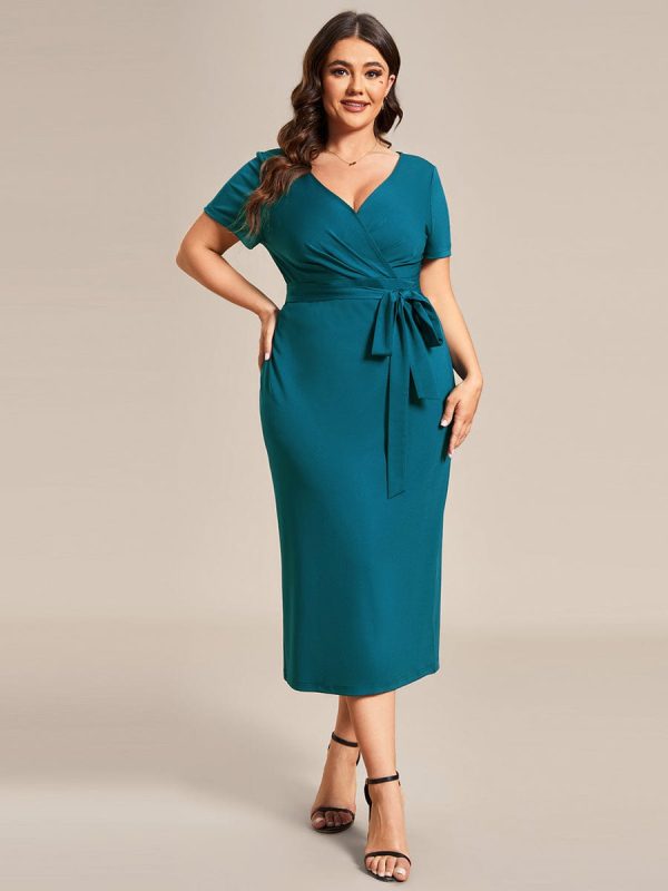 Deep V Neck Short Sleeve Cocktail Dress with Belt for Plus Sizes - Image 34