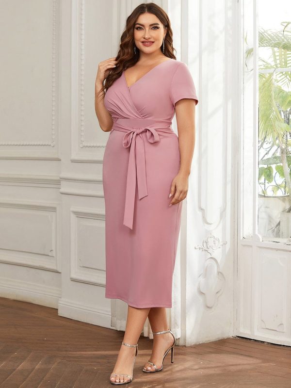 Deep V Neck Short Sleeve Cocktail Dress with Belt for Plus Sizes - Image 25