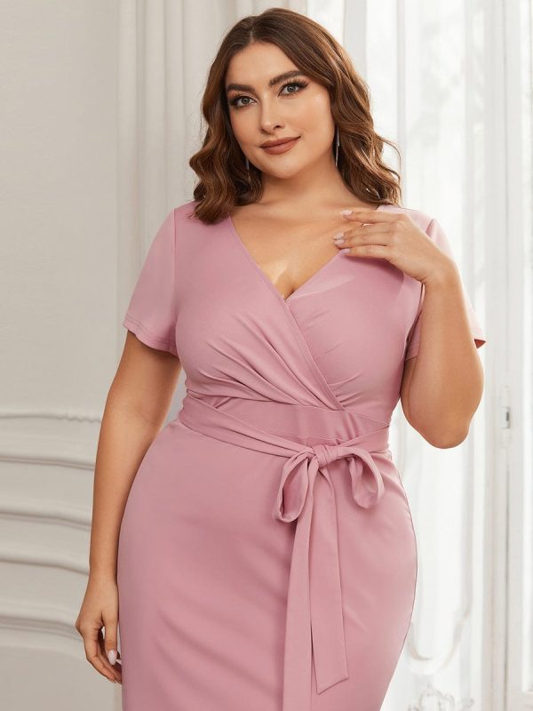 Deep V Neck Short Sleeve Cocktail Dress with Belt for Plus Sizes - Image 27