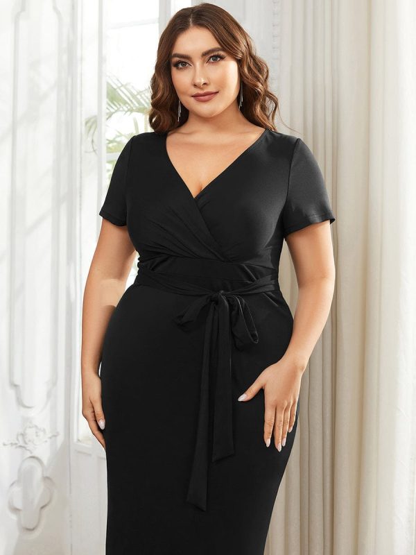 Deep V Neck Short Sleeve Cocktail Dress with Belt for Plus Sizes - Image 15