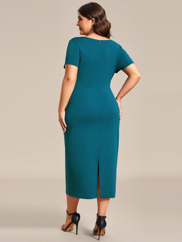 Deep V Neck Short Sleeve Cocktail Dress with Belt for Plus Sizes - Image 31