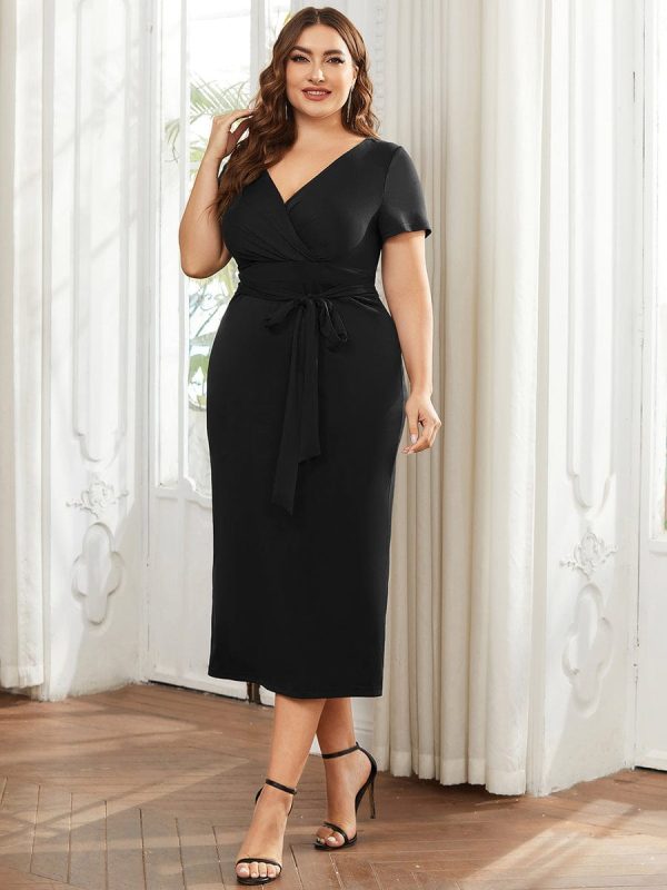 Deep V Neck Short Sleeve Cocktail Dress with Belt for Plus Sizes - Image 11