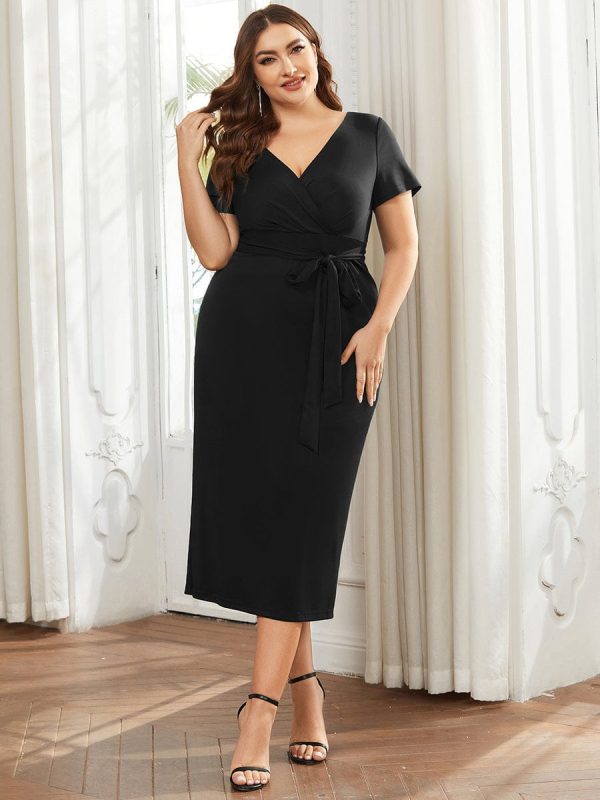 Deep V Neck Short Sleeve Cocktail Dress with Belt for Plus Sizes - Image 14