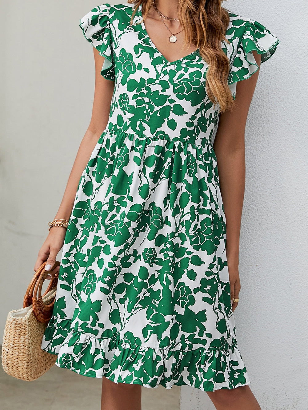 Bohemian Leaf Print Fashion Loose V-Neck Pleated Mini Dress - Image 7