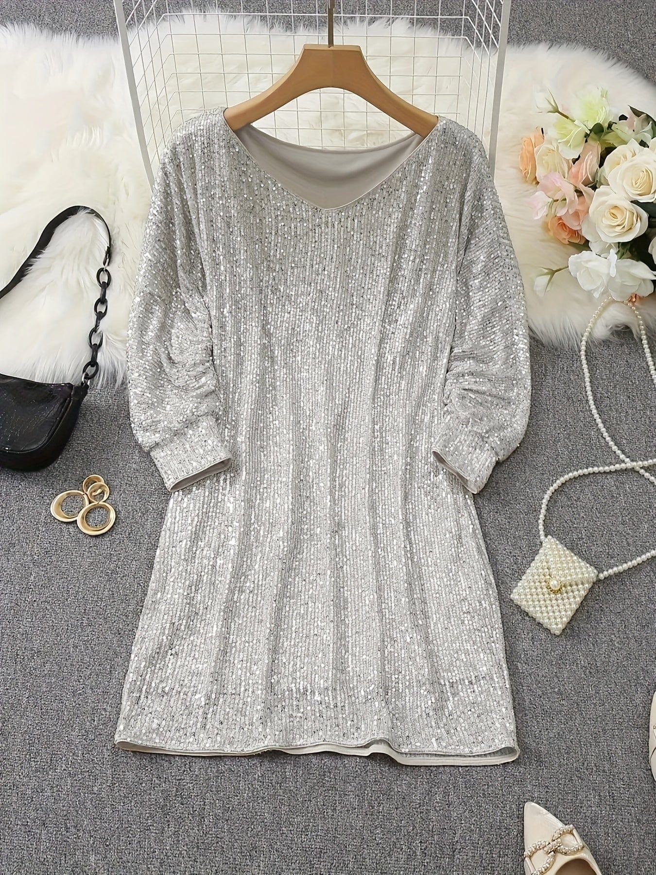 Sparkling V Neck Sequin Long Sleeve Party Mini Dress - Image 5