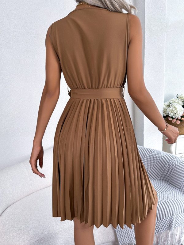 Elegant Cross V-Neck Sleeveless Pleated Waist Mini Dress - Image 3